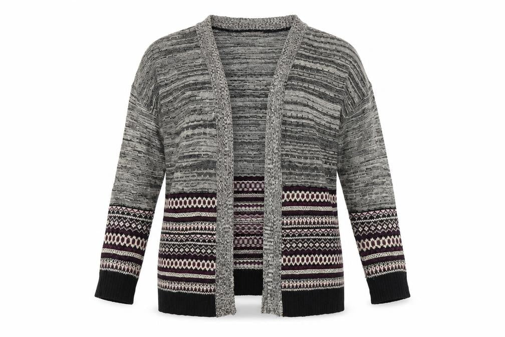 Front view of Miss Selfridge women’s grey geometric cardigan jumper, size UK 10