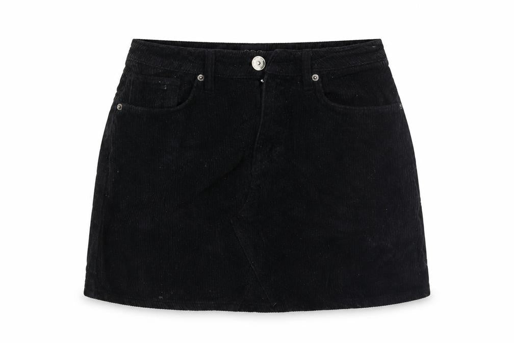 Front view of BDG women’s black corduroy mini skirt, size S