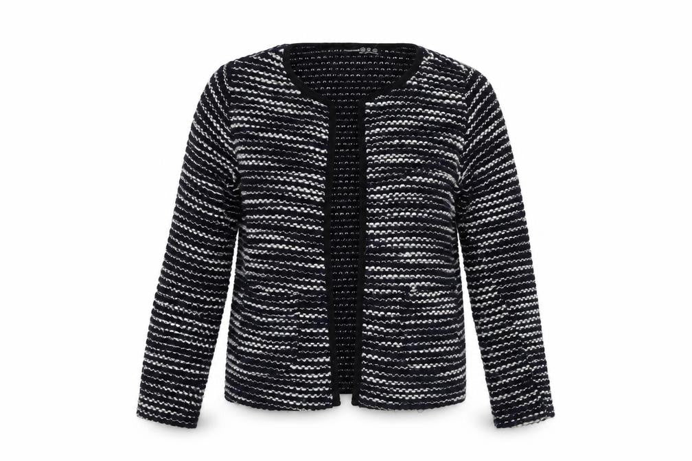 Front view of Atmosphere women’s blue striped jacket coatigan, size XS