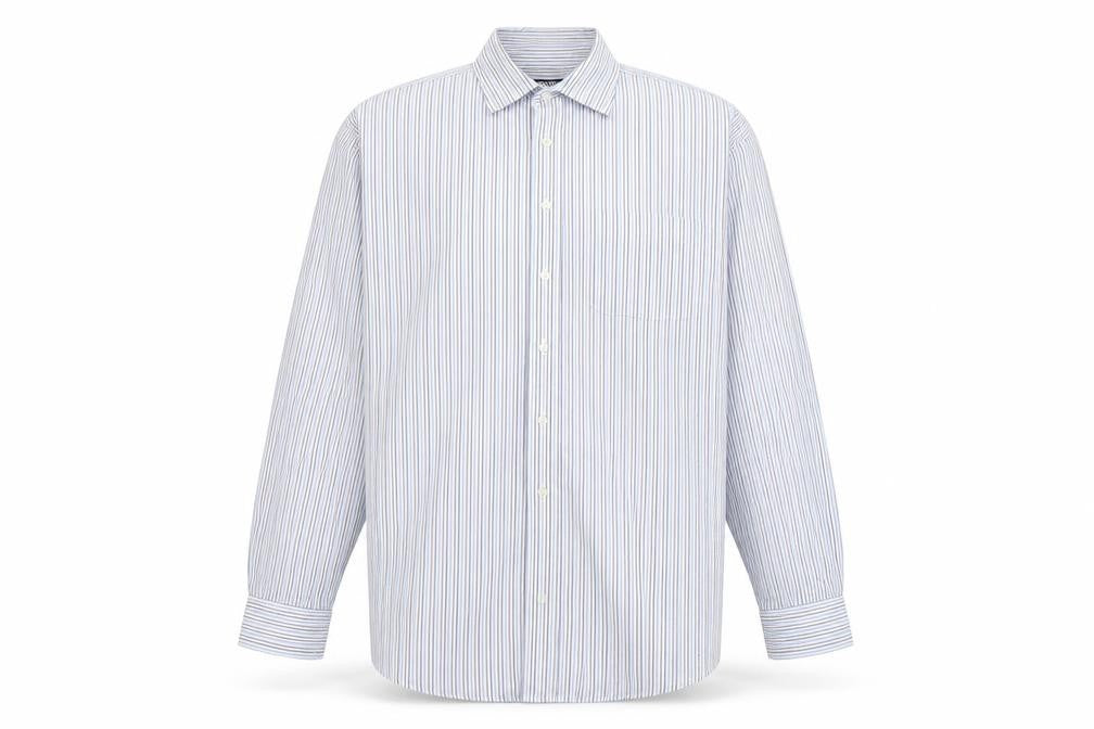 Front view of Kirkland men’s blue striped button-up, size 17