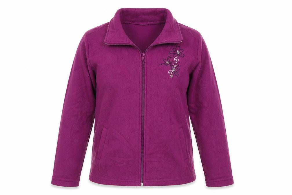 Front view of Anna De Lancay women’s purple floral full zip jumper, size M
