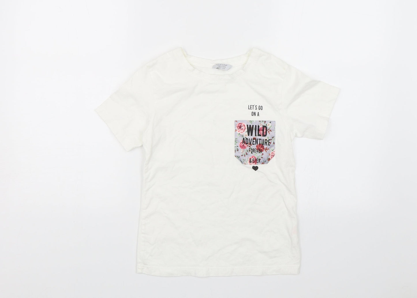 Primark Girls White   Basic T-Shirt Size 9-10 Years  - Lets go on a wild adventure