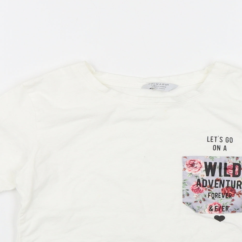 Primark Girls White   Basic T-Shirt Size 9-10 Years  - Lets go on a wild adventure