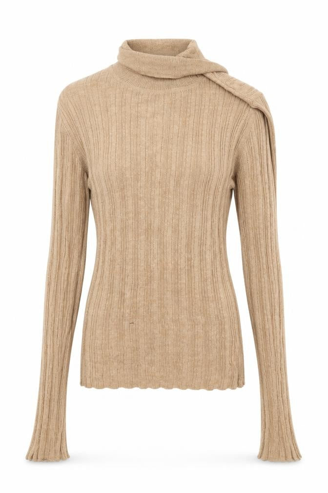 Front view of ASOS women’s beige striped jumper, size UK 12