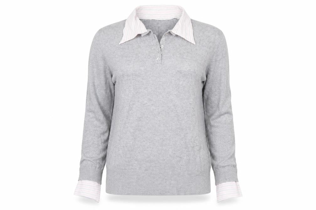Front view of Linea women’s grey striped jumper, size M