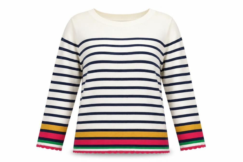 Front view of Soon women’s beige striped jumper, size UK 12
