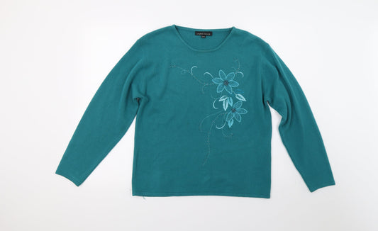 Lauren taylor Womens Green Floral Knit Pullover Jumper Size M