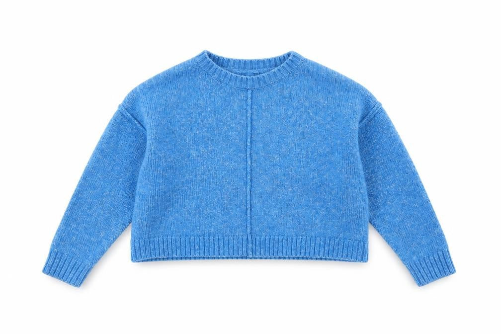 Front view of miss e-vie girls’ blue jumper, size 7-8, years