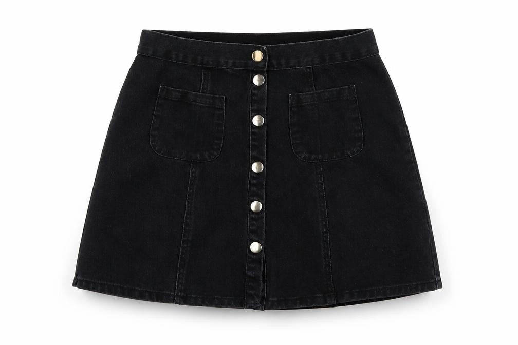 Front view of Cooperative women’s black denim a-line skirt, size S