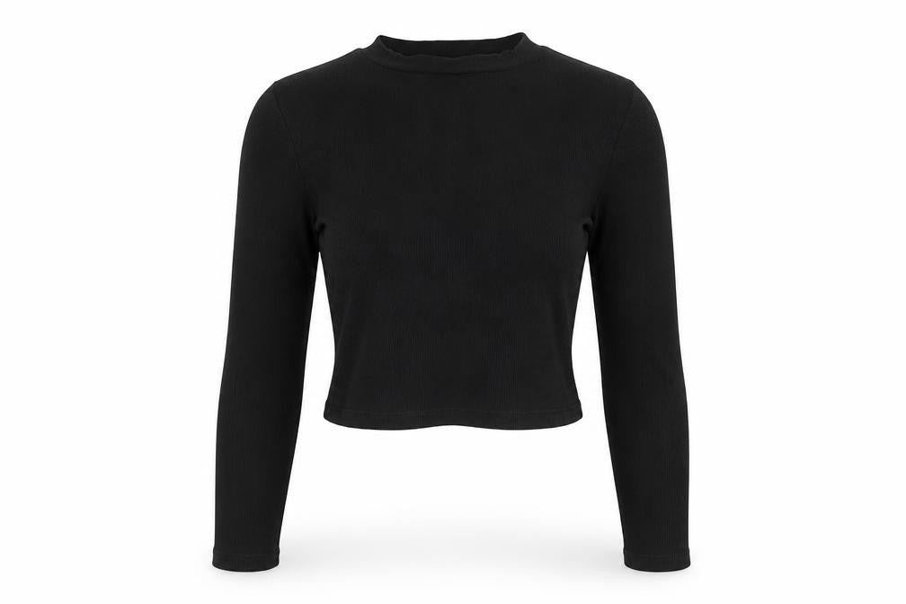 Front view of ASOS women’s black basic t-shirt, size UK 12