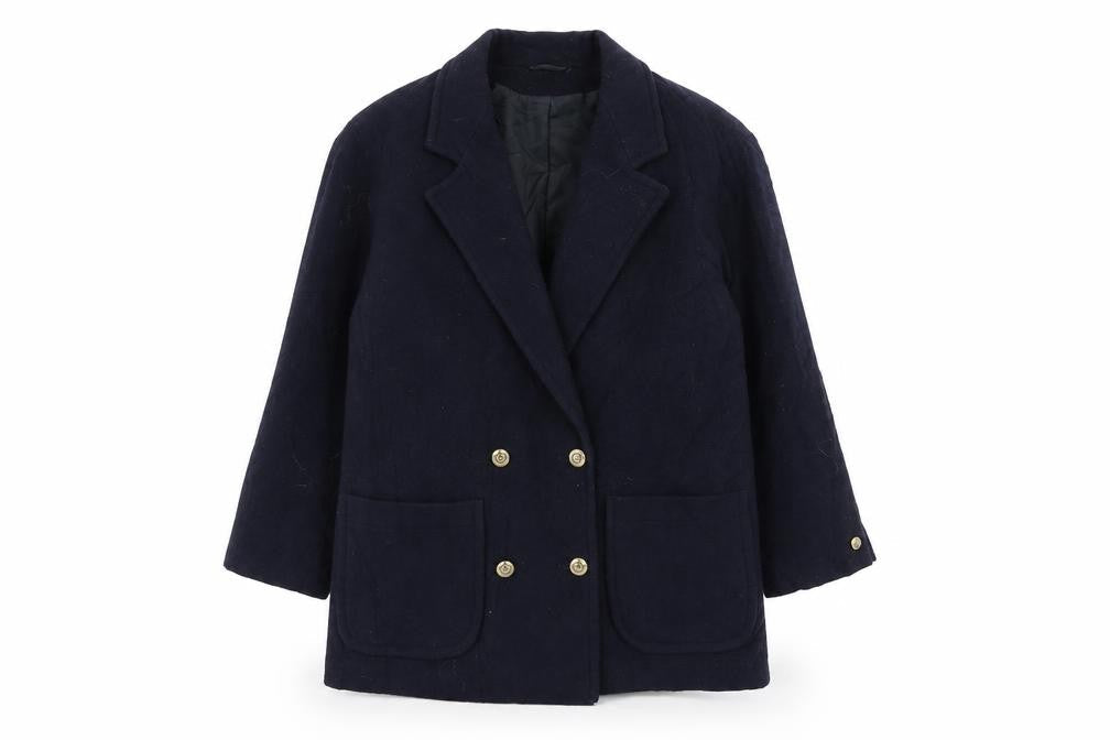Front view of paul separates women’s blue overcoat coat, size UK 12