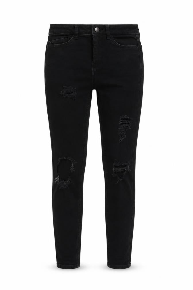 Front view of Denim & Co. women’s black denim skinny jeans, size UK 6, 27-inch leg
