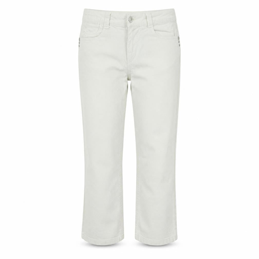 Front view of Falmer Heritage women’s white straight jeans, size UK 10, 20-inch leg