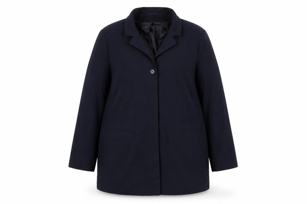 Front view of Canada women’s blue overcoat jacket, size UK 18