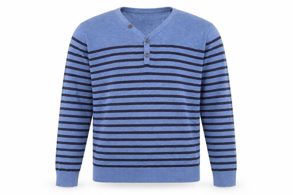 Front view of Easy men’s blue striped knit jumper, size L