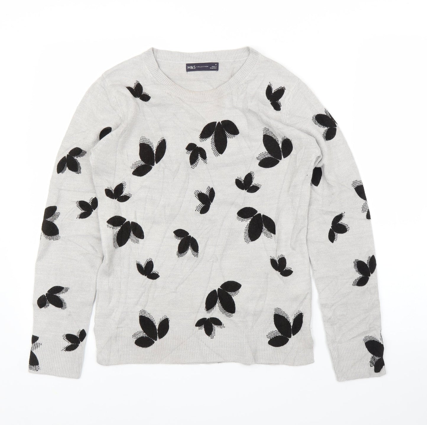 M&S Womens Grey Floral  Pullover Jumper Size 6