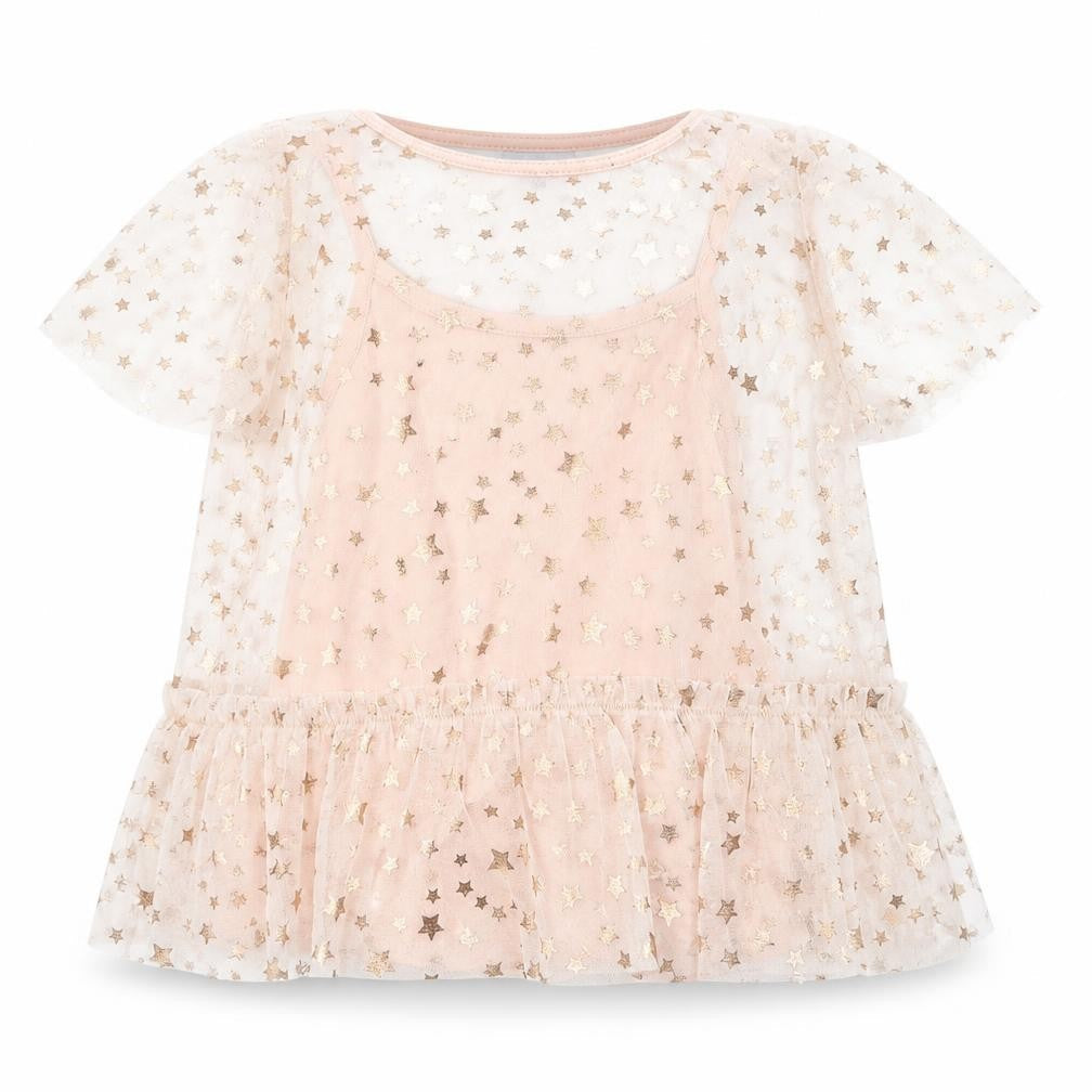 Front view of I love Girlswear girls’ pink geometric pullover blouse, size 7, years - stars