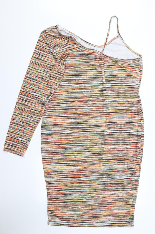 PRETTYLITTLETHING Womens Multicoloured Striped Rayon Pencil Dress  Size 14