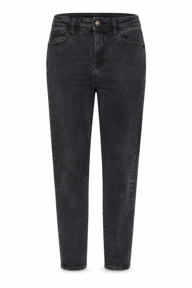 Front view of Denim & Co. women’s black denim tapered jeans, size UK 12, 27-inch leg