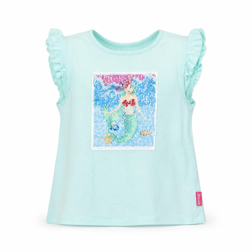 Front view of Emoji girls’ blue jersey basic t-shirt, size 5-6, years - mermaid emoji