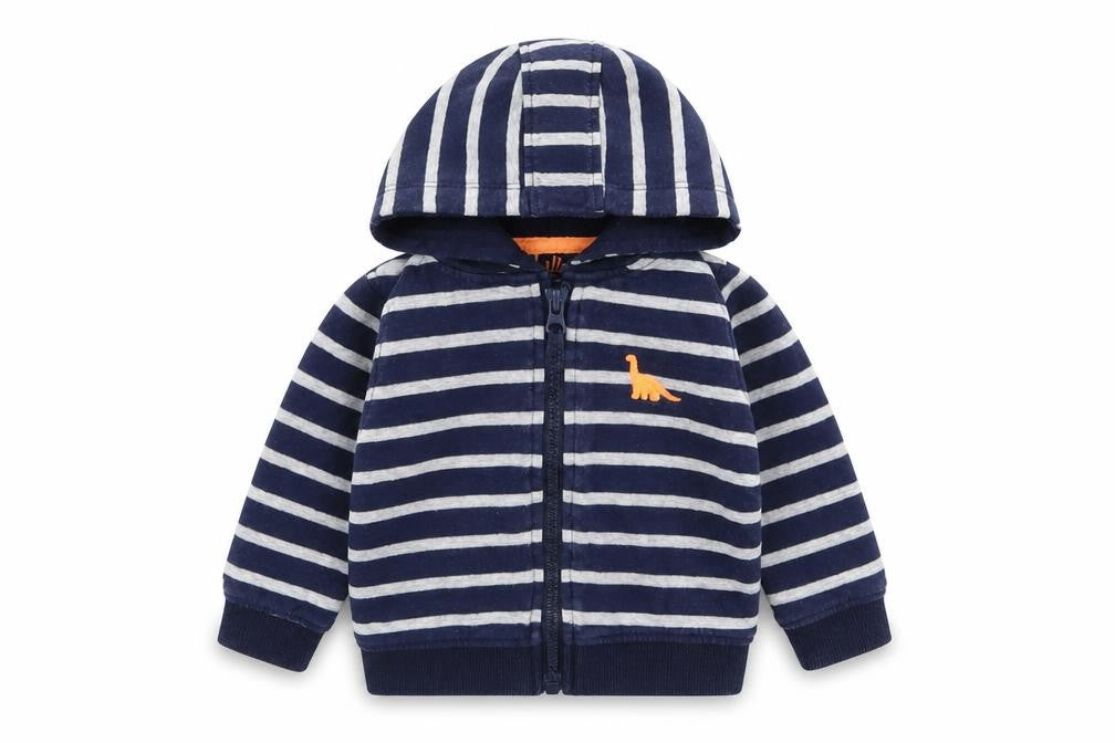 Front view of lullaby boys’ multicoloured striped full zip jumper, size 3-6, months