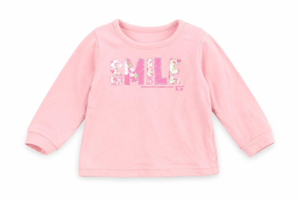 Front view of Dylan George girls’ pink basic t-shirt, size 6-9, months - smile