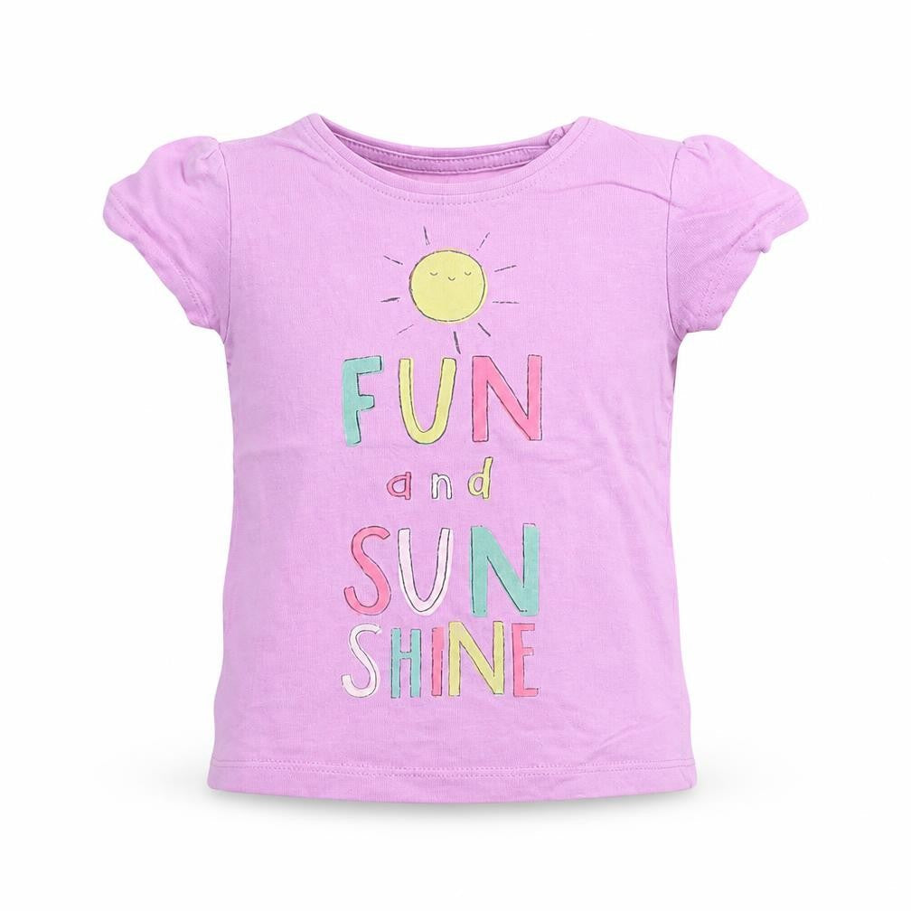 Front view of Primark girls’ purple basic t-shirt, size 12-18, months - fun and sun shine