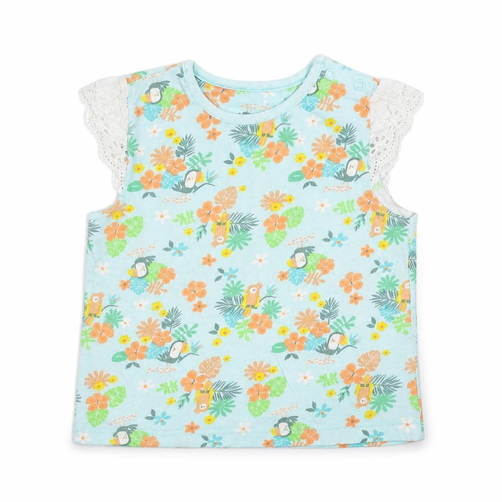 Front view of Nutmeg girls’ green floral basic t-shirt, size 9-12, months - crochet sleeve detail