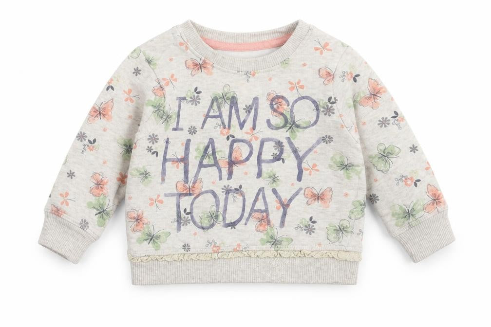Front view of George girls’ beige floral jumper, size 9-12, months - i am so happy today