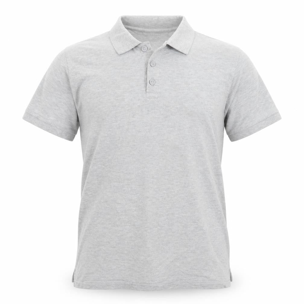 Front view of Acw85 men’s grey polo, size M