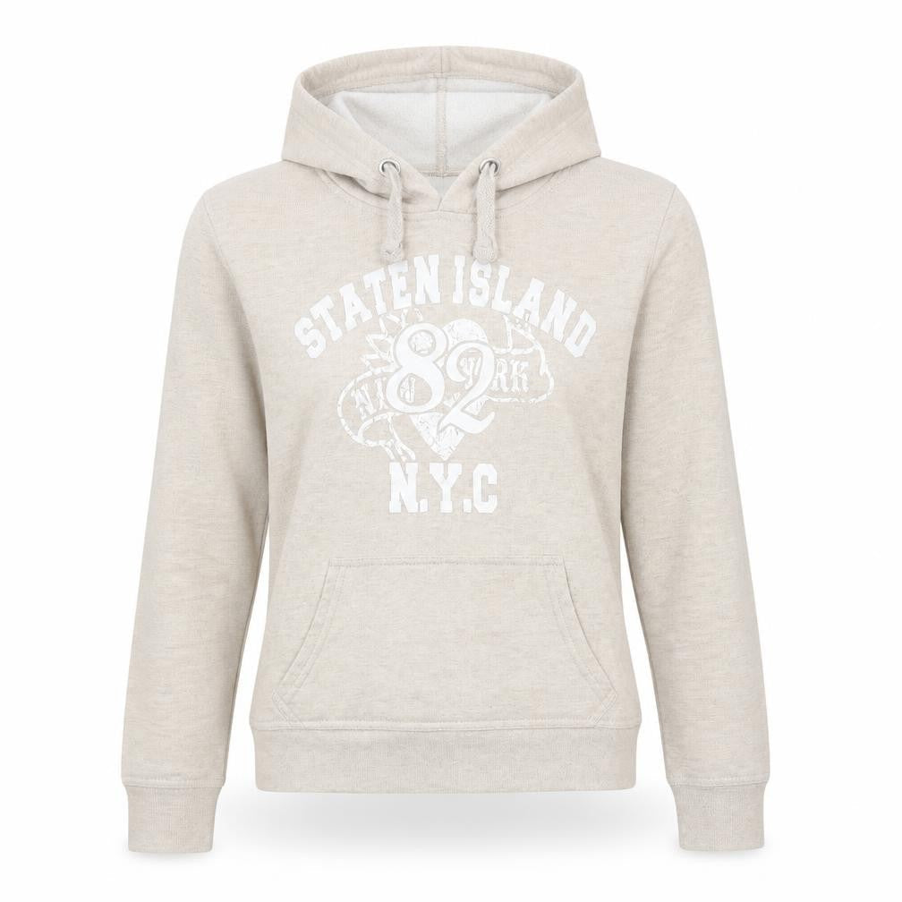 Front view of Denim & Co. women’s beige pullover hoodie, size UK 12