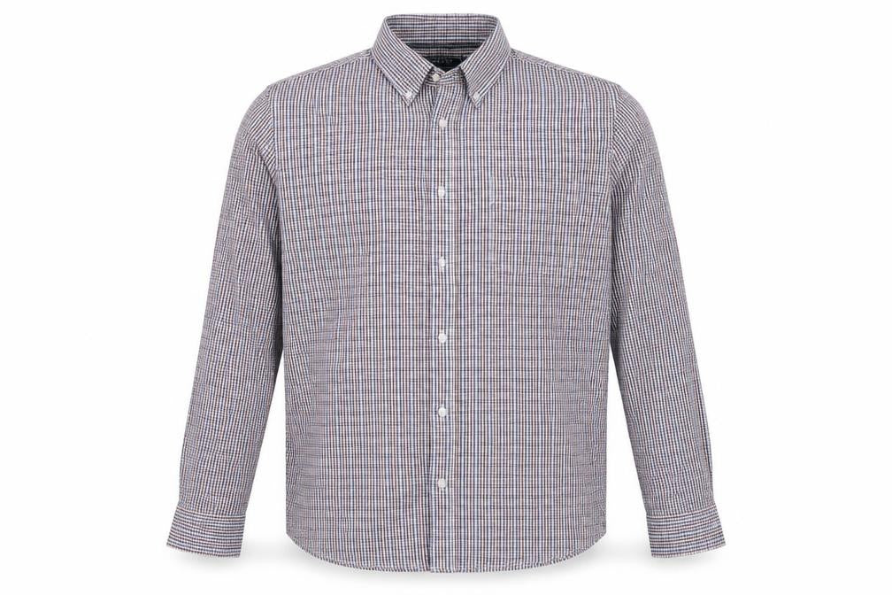 Front view of Maine New England men’s blue check button-up, size M