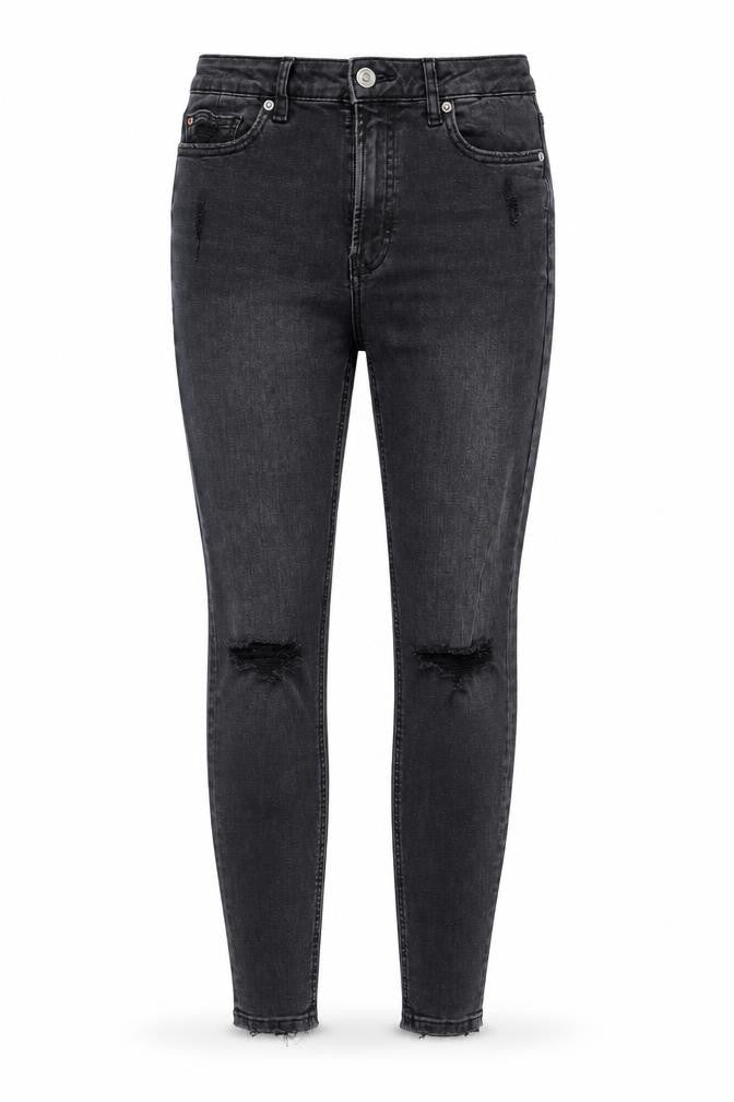 Front view of Denim & Co. women’s black denim tapered jeans, size UK 10, 28-inch leg