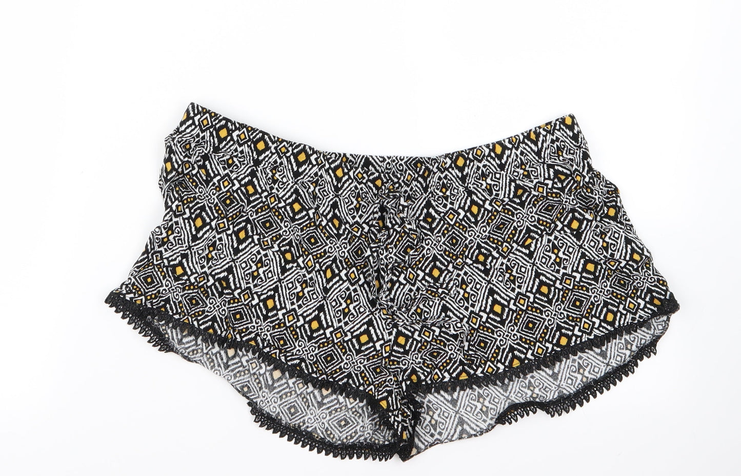 Preworn Womens Black Geometric Ramie Hot Pants Shorts Size 8