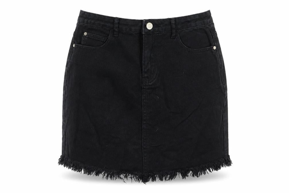 Front view of misguided women’s black denim straight & pencil set, size UK 10