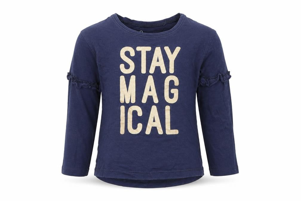 Front view of Next girls’ blue basic t-shirt, size 2-3, years - stay magical