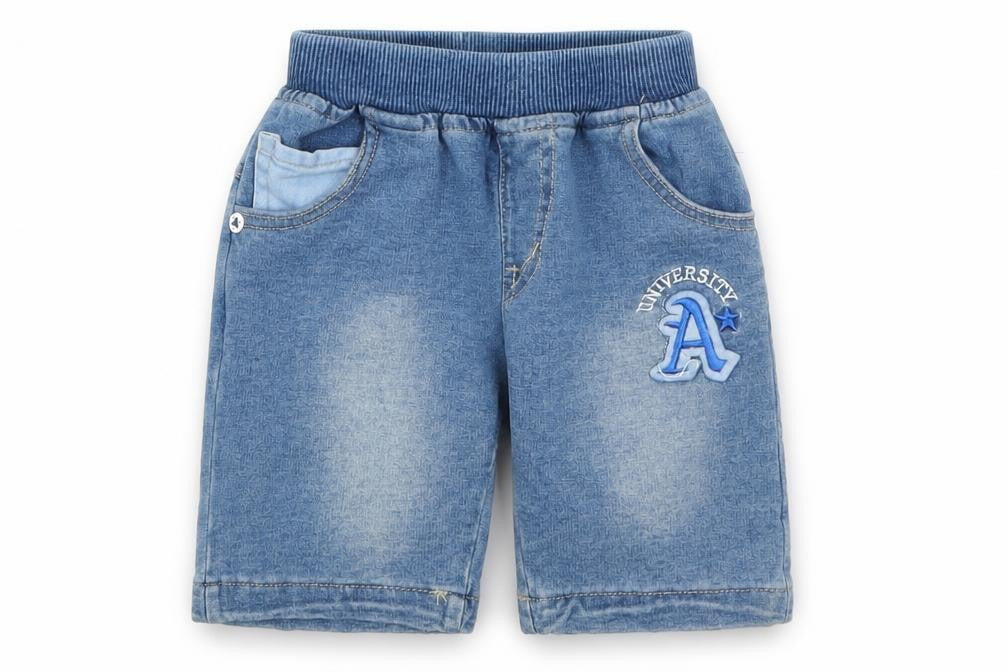 Front view of Super Brother boys’ blue denim cropped jeans, size 18-24, months - university a