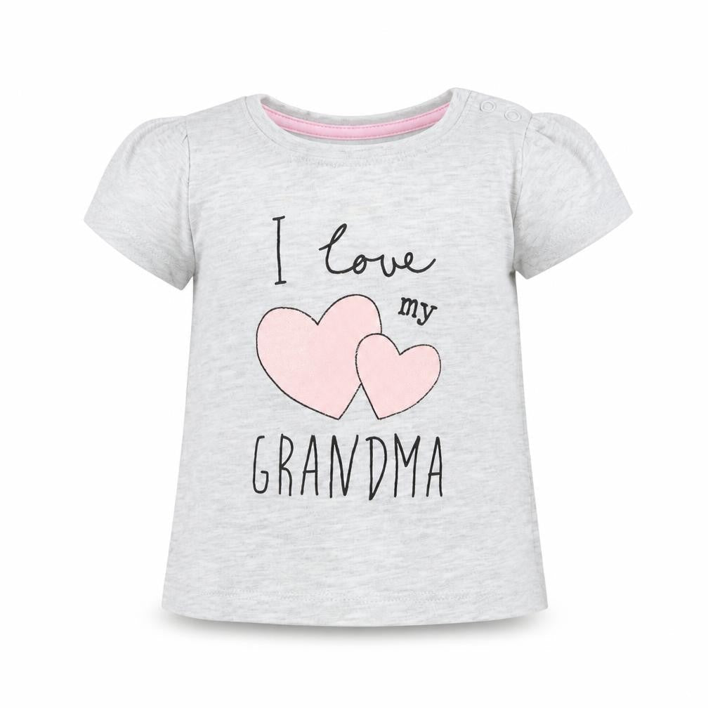 Front view of Primark girls’ grey basic t-shirt, size 3-6, months - i love my grandma