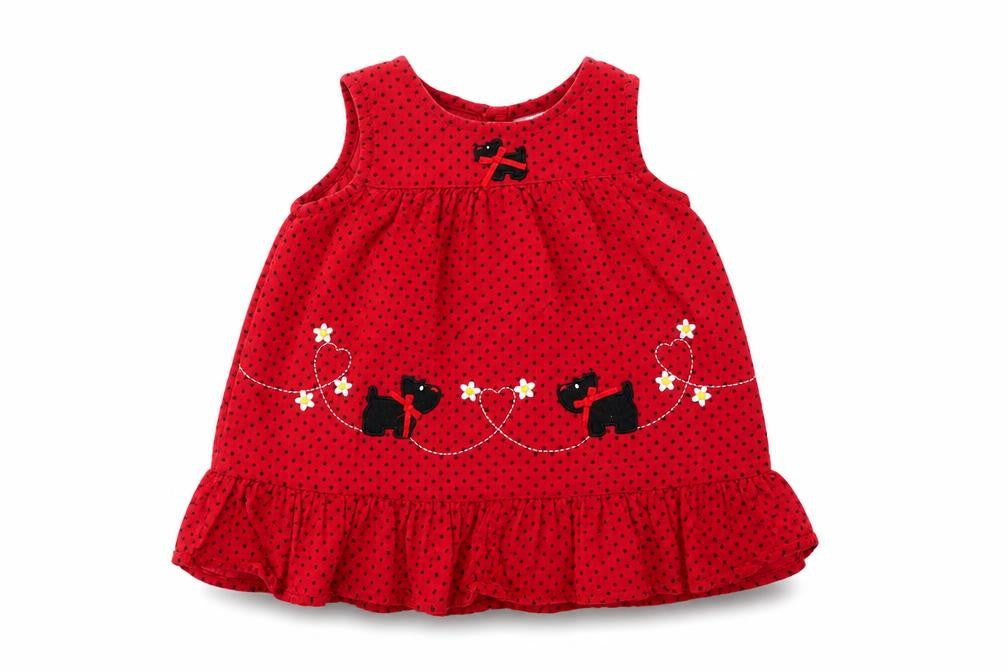 Front view of Cutey Couture girls’ red polka dot corduroy tank dress, size 6-9, months