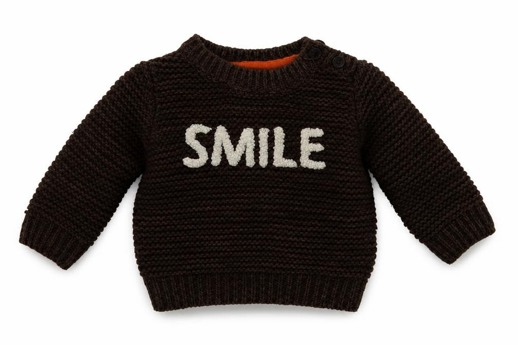 Front view of Nutmeg Baby Brown jumper, size 0-3, Months - SMILE