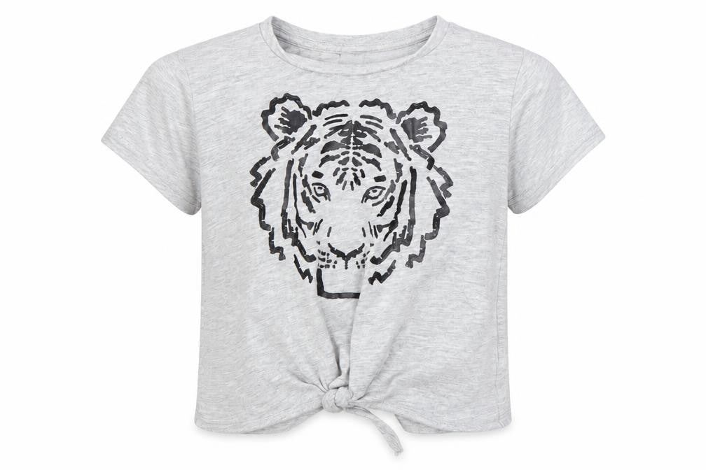 Front view of I Love girls’ wear girls grey cropped t-shirt, size 4, years - tiger