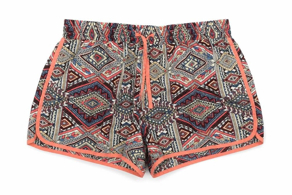 Front view of Denim Co women’s red geometric hot pants shorts, size UK 10