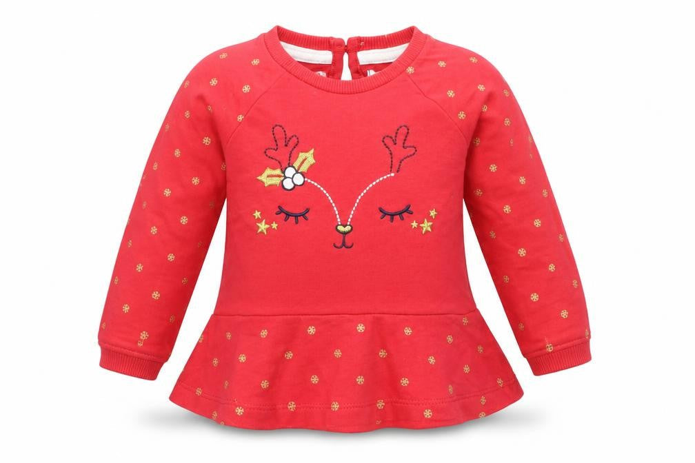 Front view of Pep&Co girls’ red geometric fit & flare, size 6-9, months - xmas