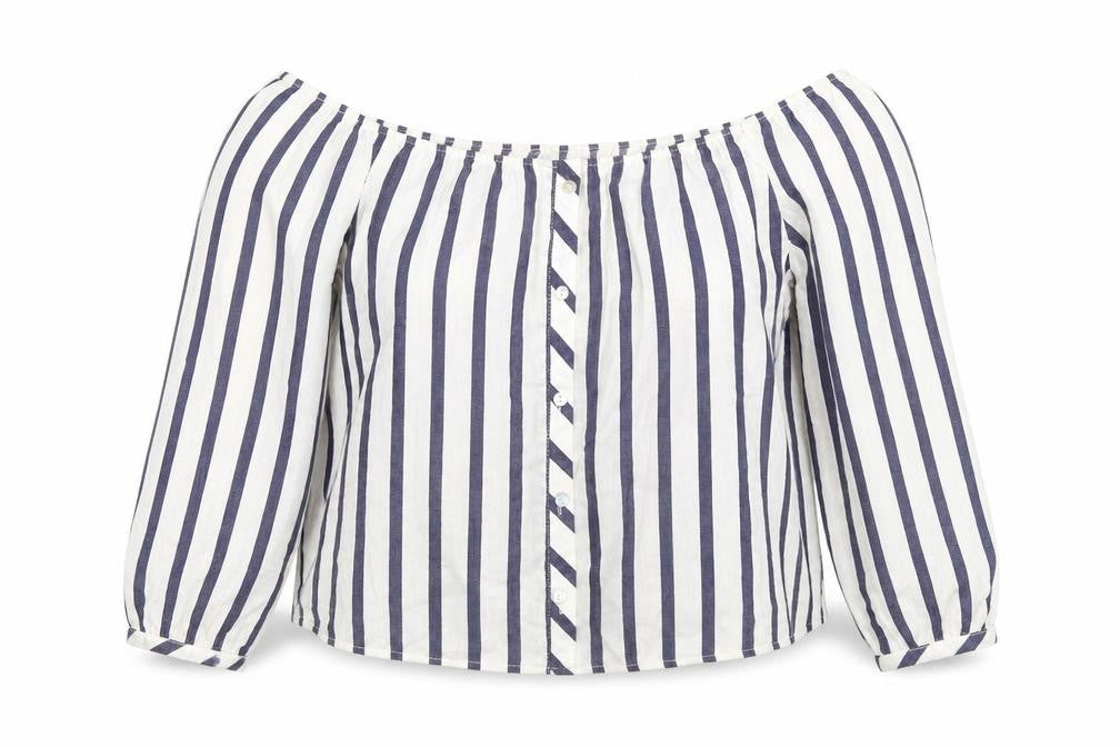 Front view of Miss Selfridge women’s blue striped basic blouse, size UK 10