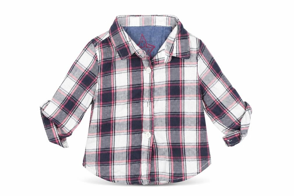 Front view of Primark girls’ grey check basic button-up, size 6-9, months