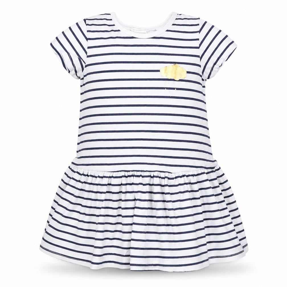 Front view of H&M girls’ white striped t-shirt dress, size 6-9, months