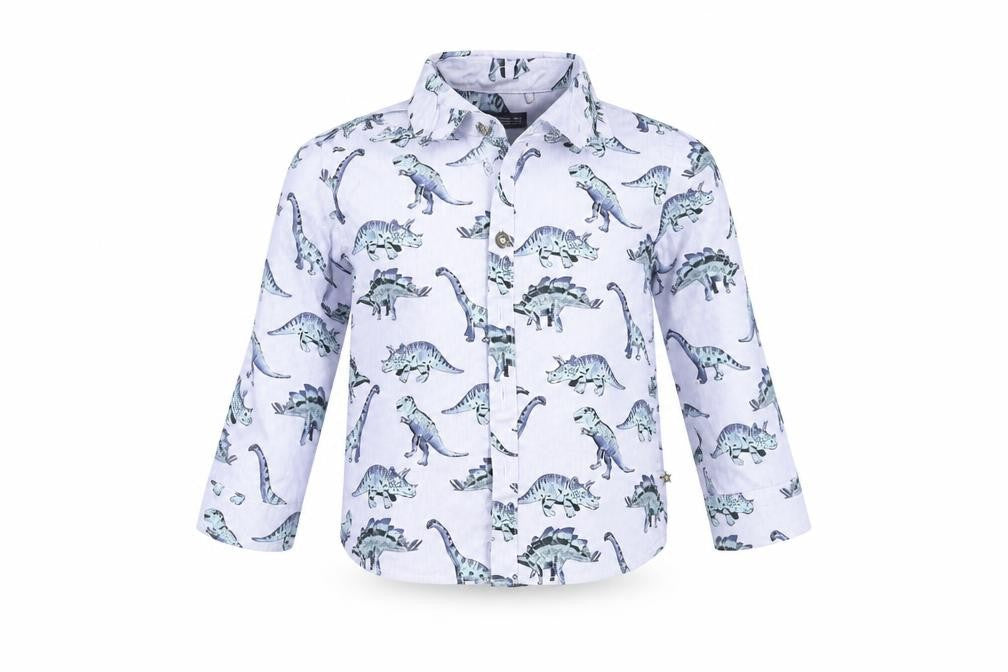 Front view of Next Baby Blue Geometric Basic Button-Up, size 12, Months - Dinosaur