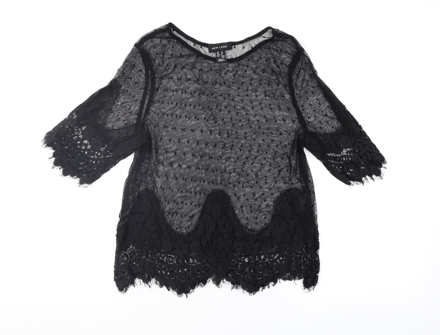 New Look Womens Black Polka Dot Lace Basic Blouse Size 8