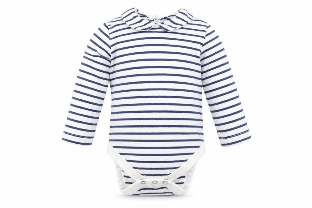 Front view of Marks & Spencer boys’ black striped babygrow one-piece, size 6-9, months