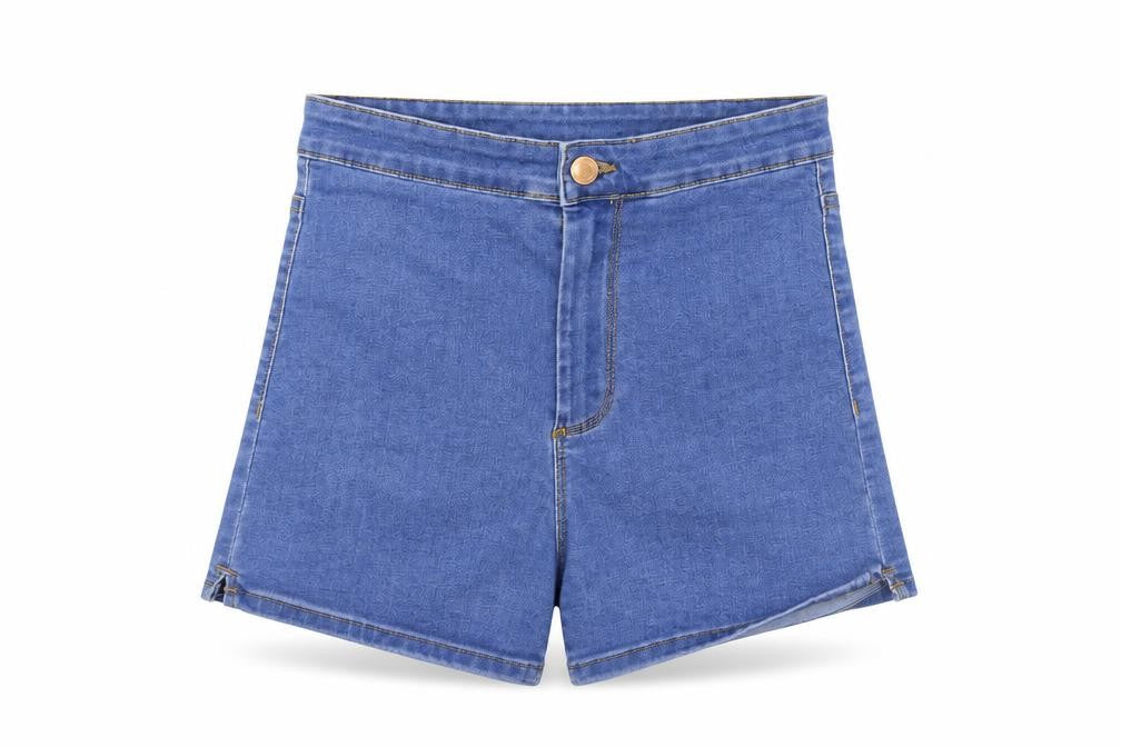 Front view of Denim & Co. women’s blue hot pants shorts, size UK 8